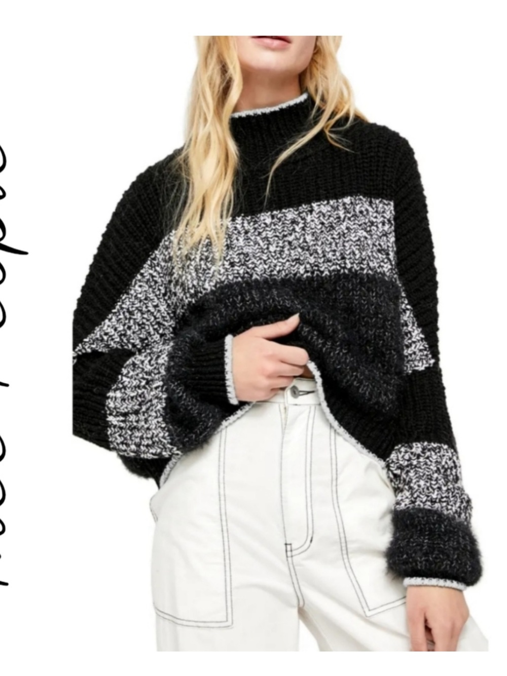Free People Black and White Striped Crewneck Sweater